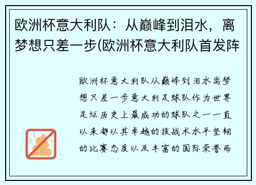 欧洲杯意大利队：从巅峰到泪水，离梦想只差一步(欧洲杯意大利队首发阵容)