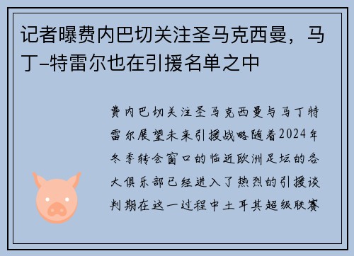 记者曝费内巴切关注圣马克西曼，马丁-特雷尔也在引援名单之中